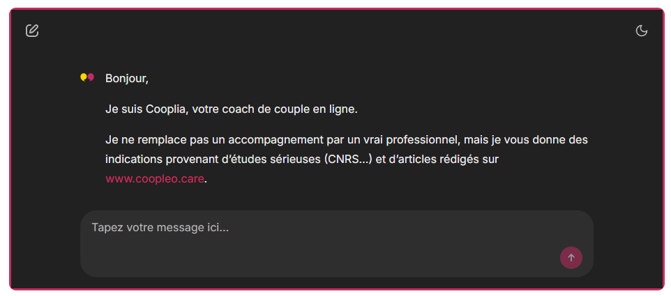 Texte sur fon noir : Coopleo.care innove et lance Cooplia, son coach de couple en ligne