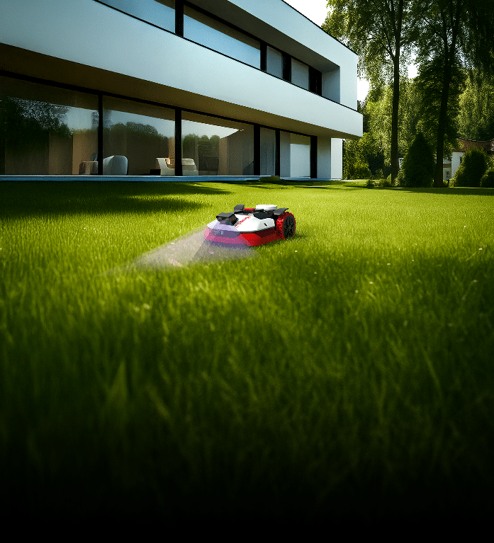 Robot tondeuse Kress EyePilot KR261E devant maison moderne