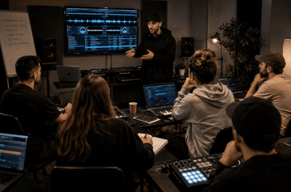 Formation DJ Network - salle de cours avec apprenants lors d'un cours de production musicale et de mix DJ