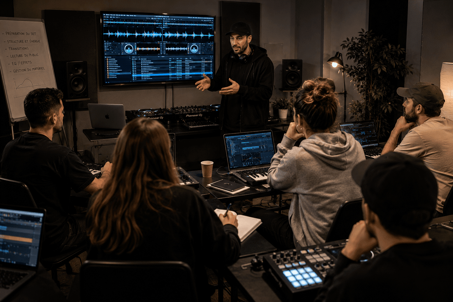 Formation DJ Network - salle de cours avec apprenants lors d'un cours de production musicale et de mix DJ